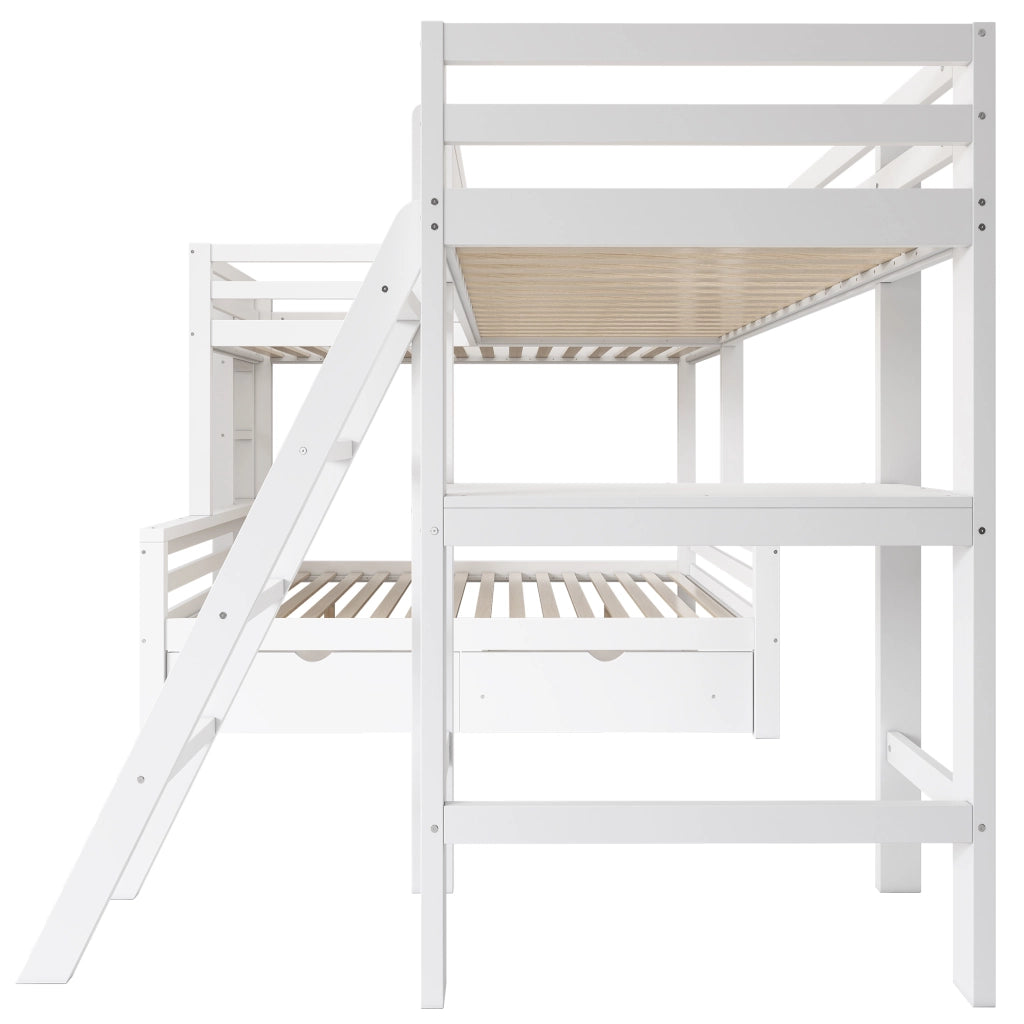 Letto a soppalco per bambini tre posti con scrivania cassetti in legno bianco e rovere con scala sicura