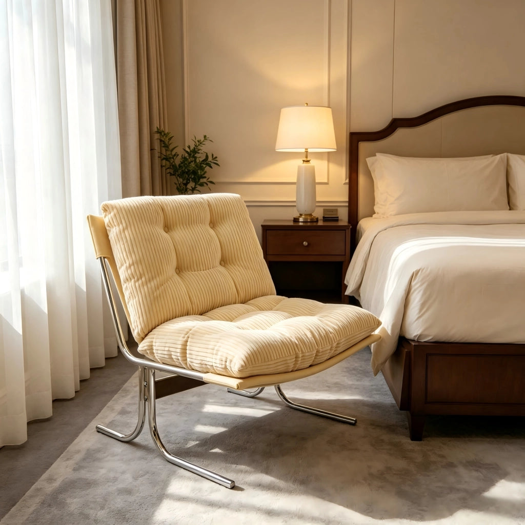Sedia d'accento crema in velluto a coste con rivestimento removibile e gambe in metallo, stile Barcelona, 72x84x85 cm