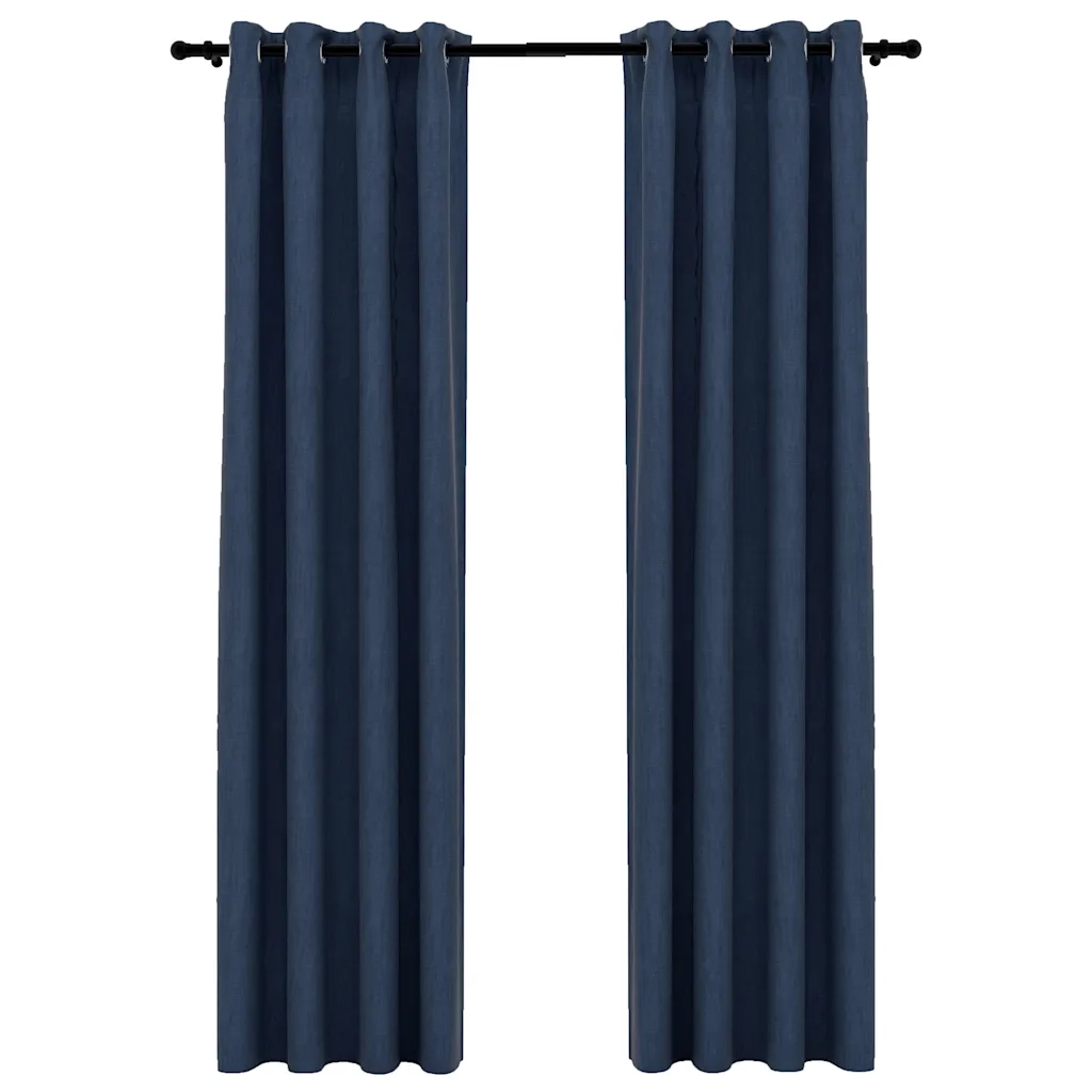 Tende Oscuranti | Tende Blackout Effetto Lino con Occhielli 2 pz Blu 140x225 cm