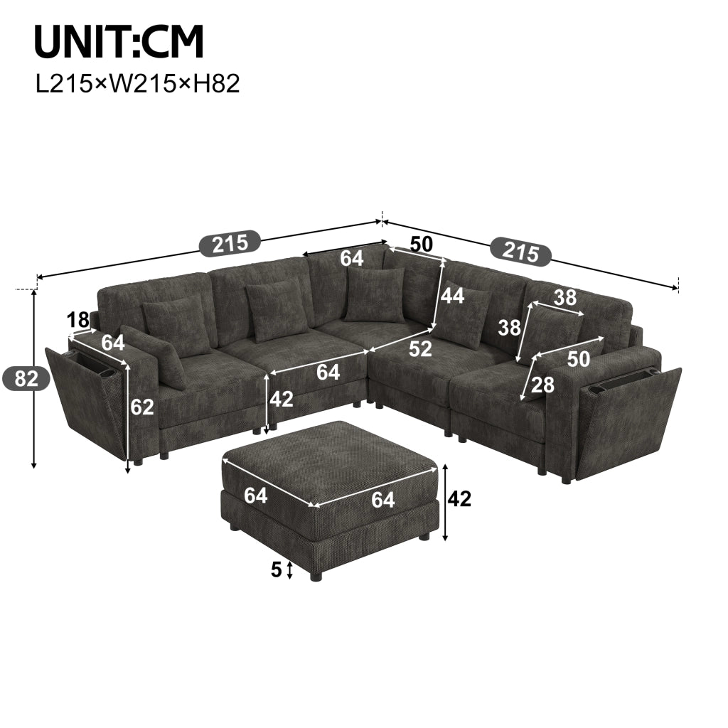 Divano modulare 6 posti a L o U con pouf; USB e tipo C; ciniglia; grigio
