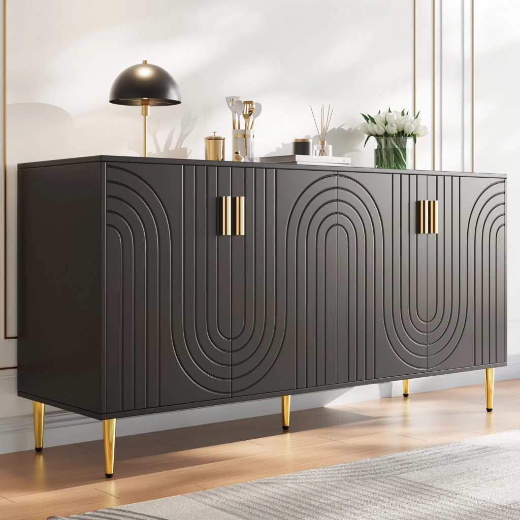 Credenza con 4 ante, 2 cassetti e vani contenitore, frontali ondulati per soggiorno, in MDF nero, 152 × 40 × 75 cm