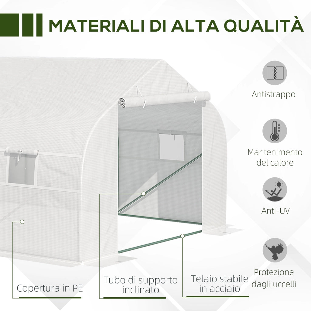 Serra per Orto 6x3x2m con 8 Finestre e Porta Avvolgibile, in Acciaio e PP, Verde