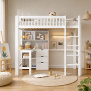 Letto a soppalco 90x200 cm con scrivania e 3 cassetti in pino bianco