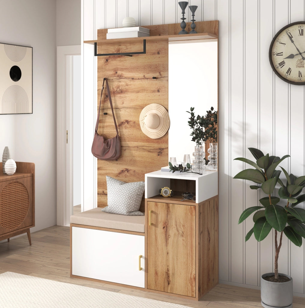 Set da ingresso bianco e legno con specchio, scarpiera, appendiabiti, panca e ganci