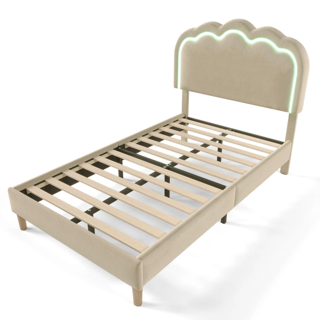 Letto singolo 90 × 200 cm con testiera LED regolabile imbottito in lino beige per camera da letto e ospiti