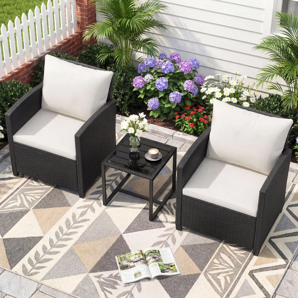 Set mobili da giardino a 3 pezzi con 2 poltrone e 1 tavolino in vetro temperato, Salotto da esterno in rattan PE Nero+Beige