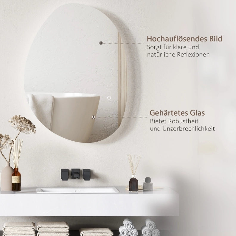 Specchio da bagno asimmetrico 70x50 cm con illuminazione LED e funzione antiappannamento, argento