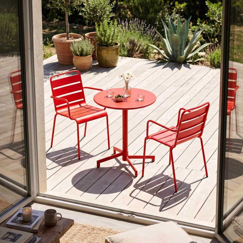 Oviala - Set tavolo da giardino e 2 poltrone in metallo rosso