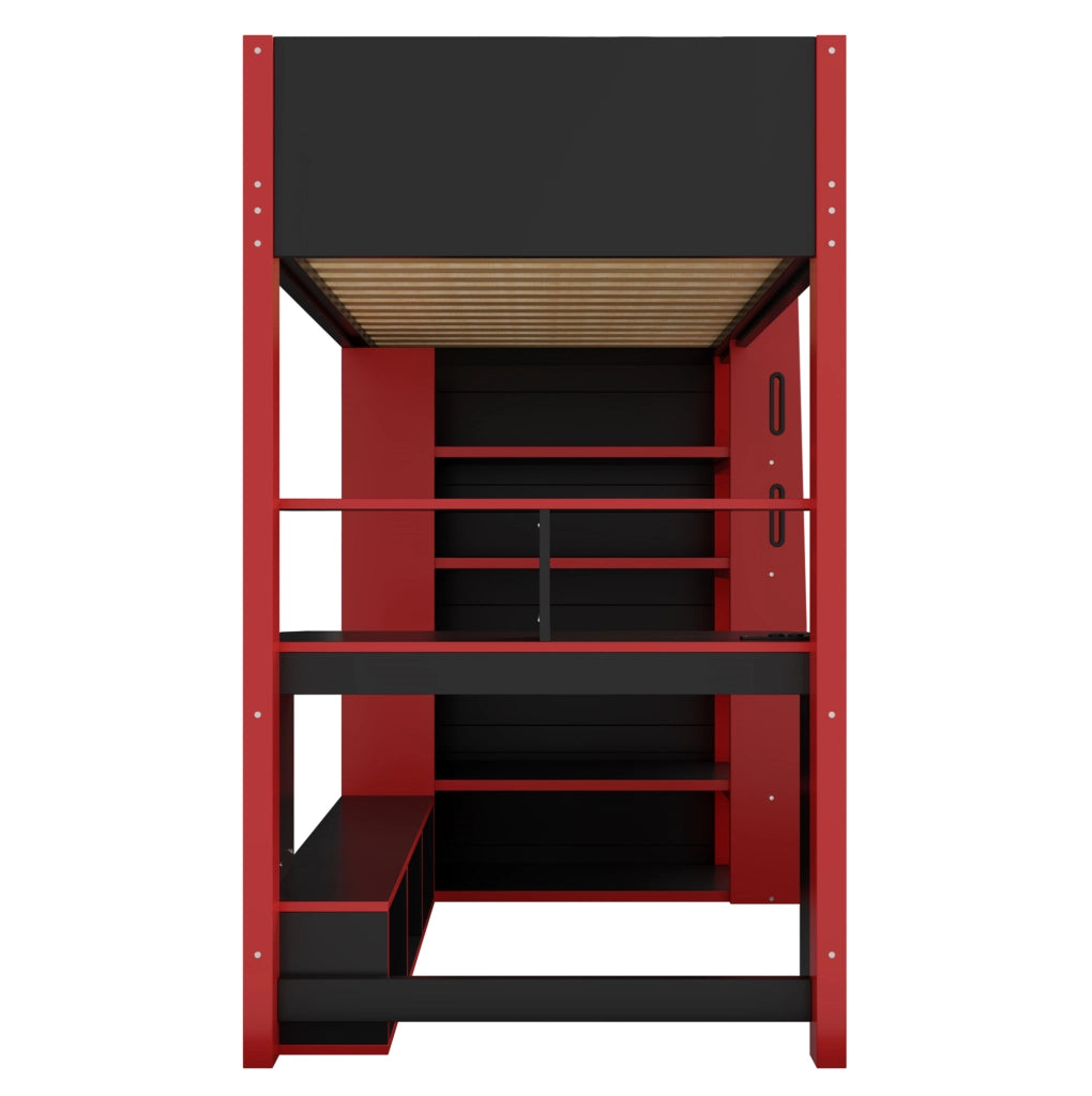 Letto a soppalco 90x200 cm con scrittoio; LED e scaffale a 4 ripiani; MDF e compensato; nero e rosso