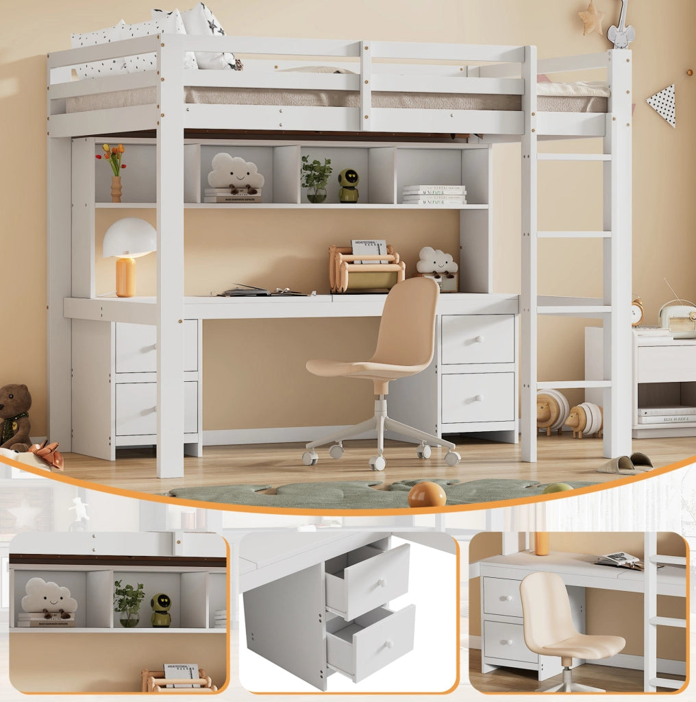 Letto a soppalco per bambini 90x200 cm in legno di pino bianco con scrivania e ampio spazio di stoccaggio