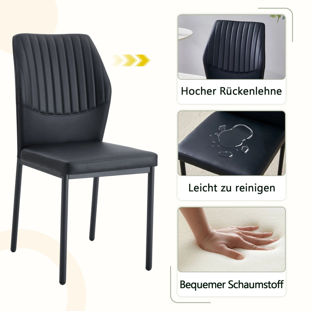 Sedia da pranzo in pu nero con schienale a righe verticali e gambe in metallo, set da 4