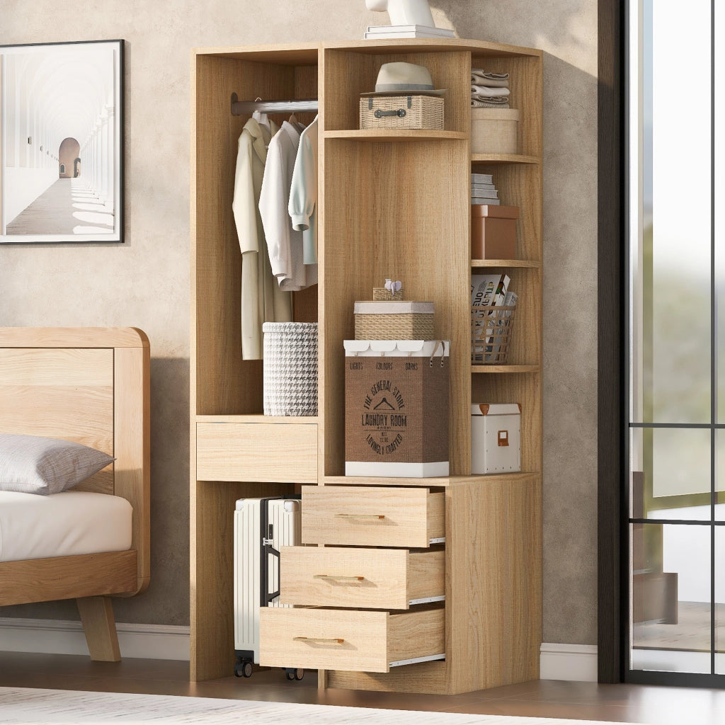 Armadio autoportante con vano appendiabiti ripiani aperti e cassetti in MDF 70 × 55 × 175 cm