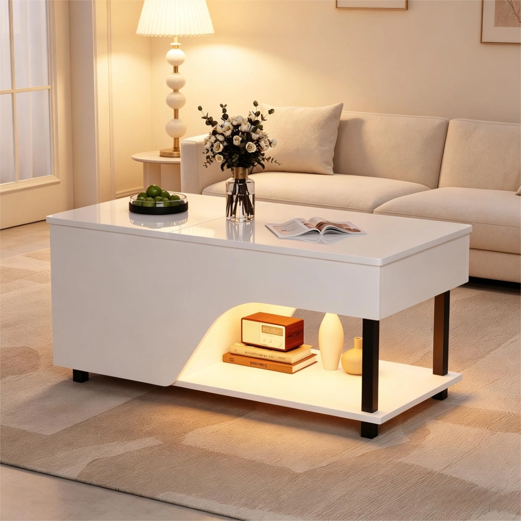 Tavolino da salotto moderno elevabile LED con vano nascosto e ripiani laterali regolabili, bianco, 50 × 100 × 46 cm