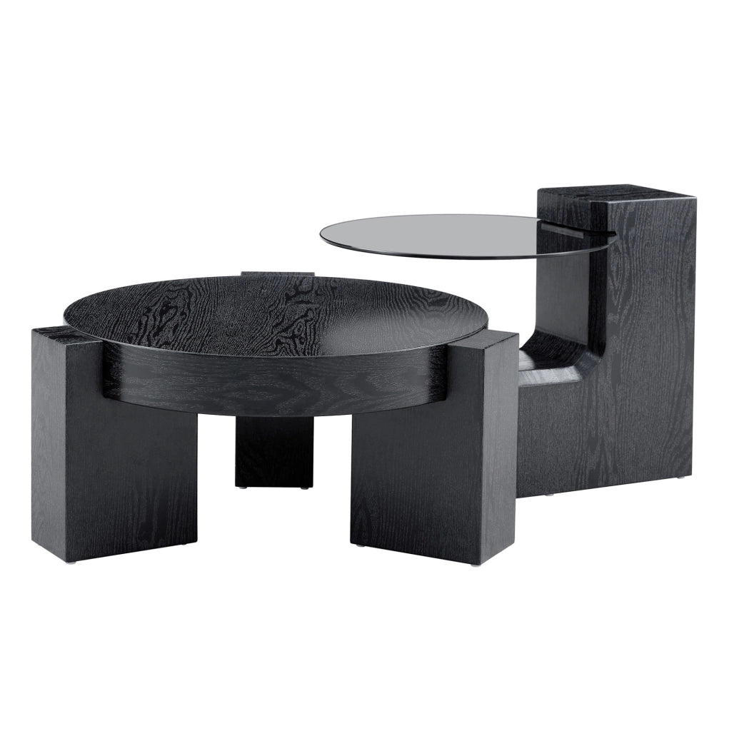 Set di tavolini da salotto rotondi separabili con piano in vetro trasparente grigio e base in MDF effetto legno nero