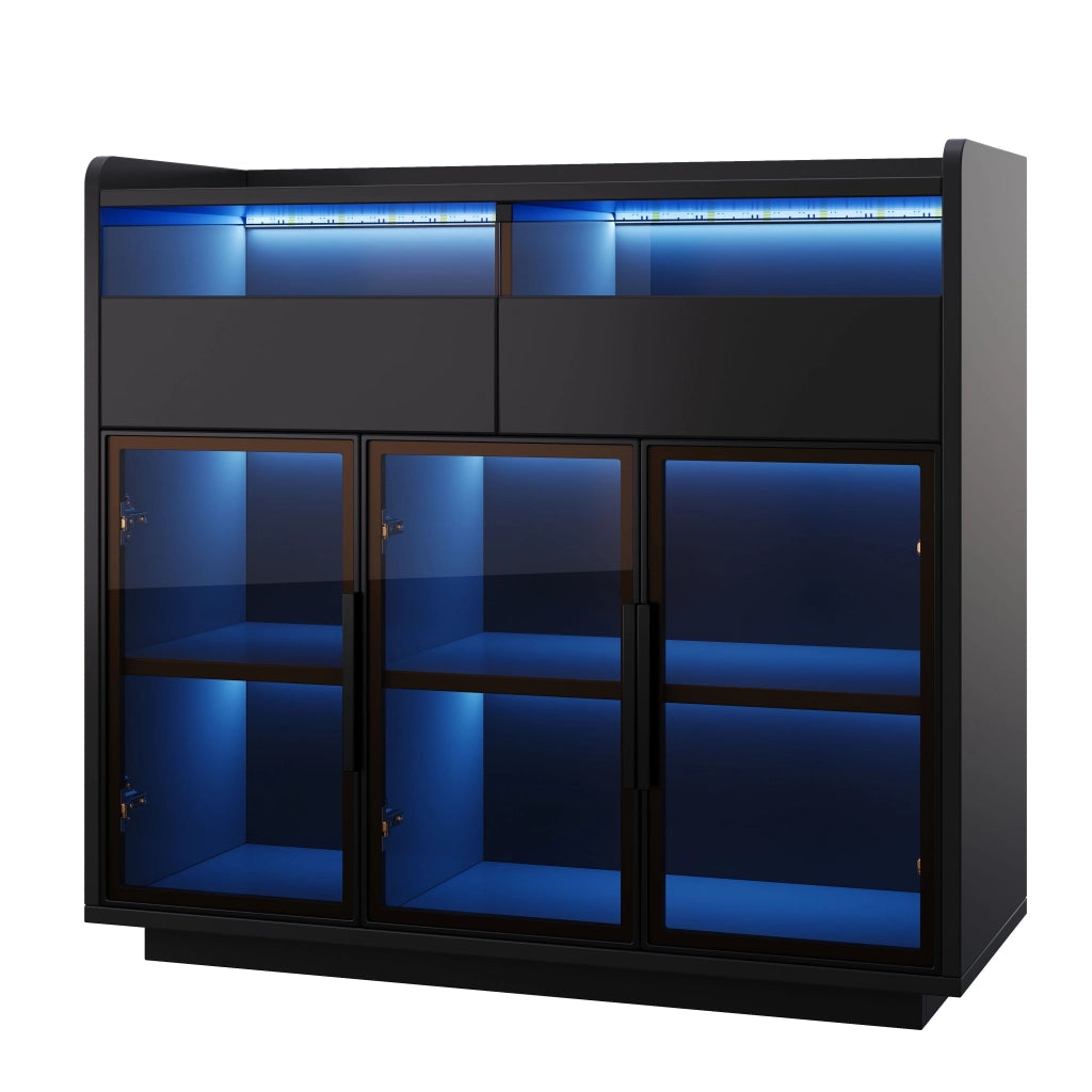 Vetrina - Credenza - Cantinetta - Ante in vetro - Illuminazione a LED - 2 cassetti - Nero
