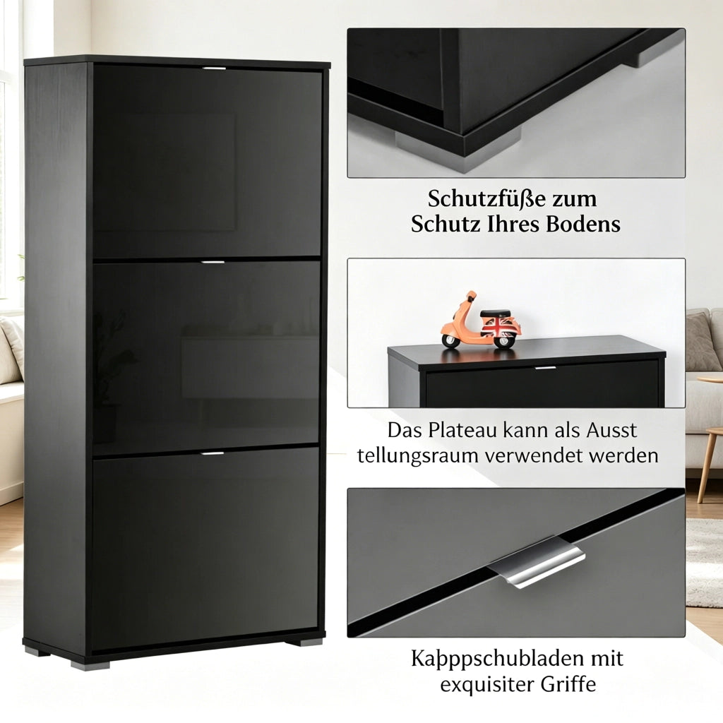 Scarpiera con 3 ante a ribalta e divisori regolabili in MDF nero con vassoio superiore 60 × 26 × 124 cm