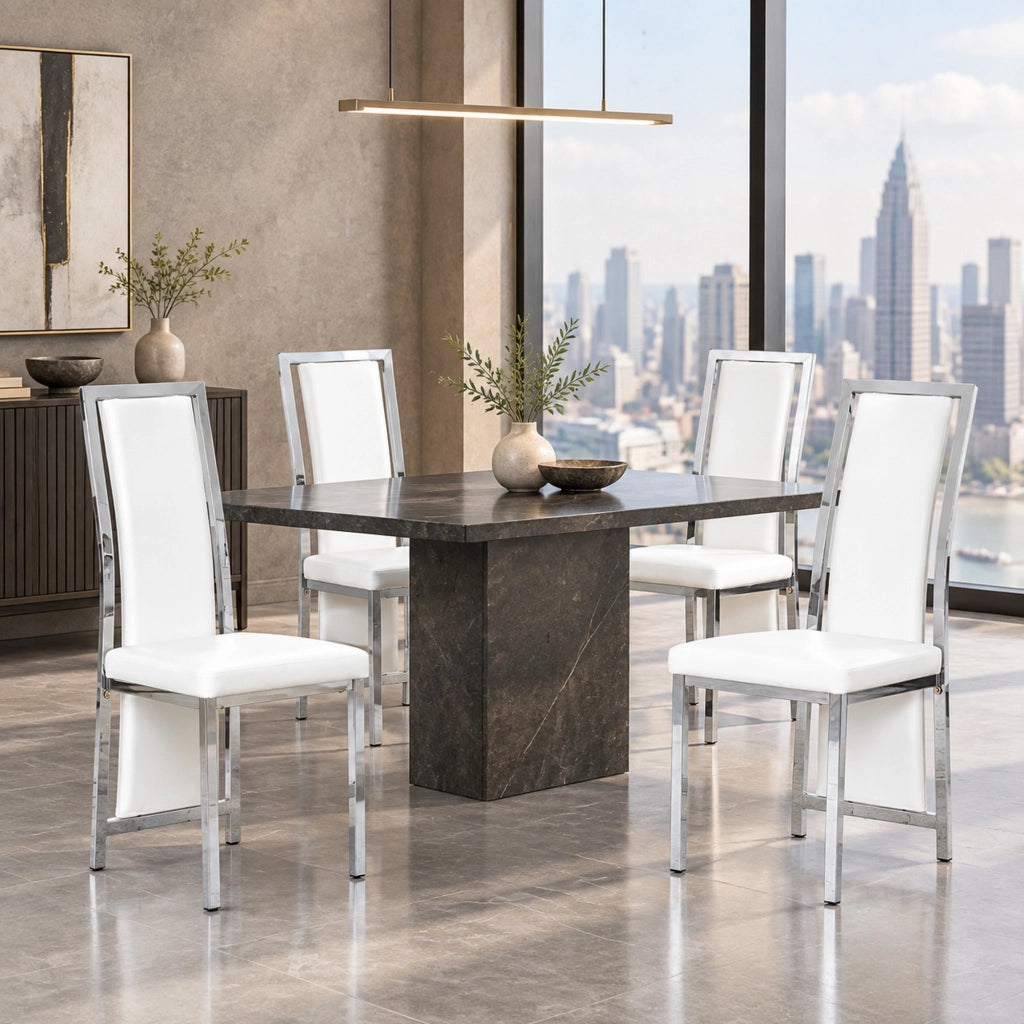 Set di 4 sedie da pranzo con schienale alto 109 cm in metallo e pelle PU; bianco argento