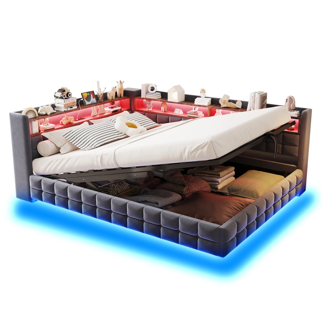 Divano letto multifunzionale in velluto grigio scuro 140x200 vano ripiano LED USB