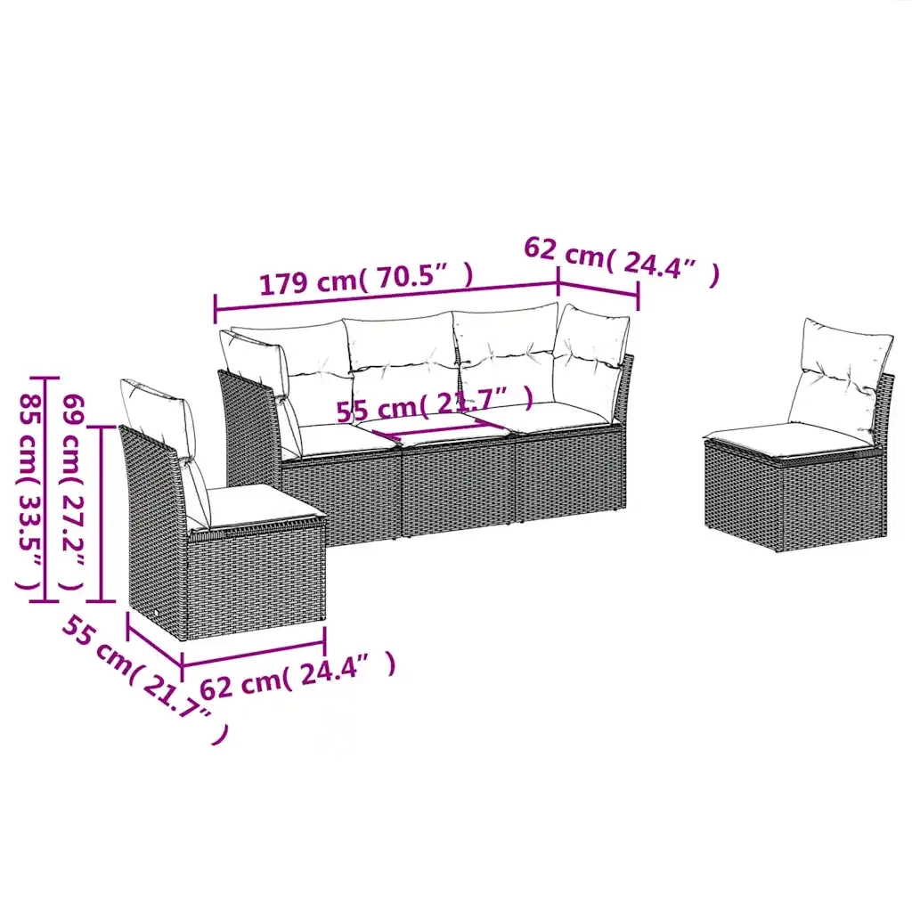 Set Divano da Giardino 5pz | Set Salotto da Giardino con Cuscini Grigio Chiaro Polyrattan