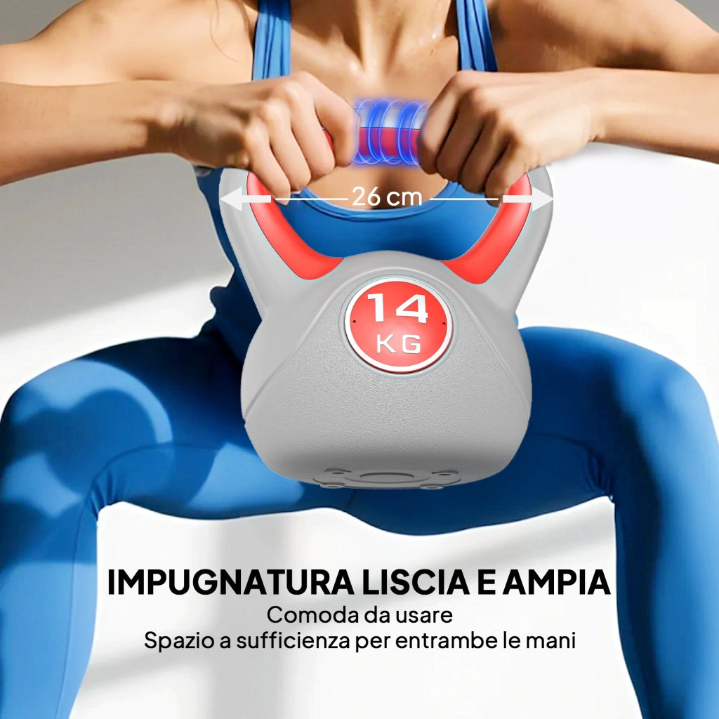 EasyComfort Kettlebell 14kg in PU e Sabbia con Base Piatta e Impugnatura per Stacchi, Squat e Sollevamenti, 26x18x32 cm, Rosso