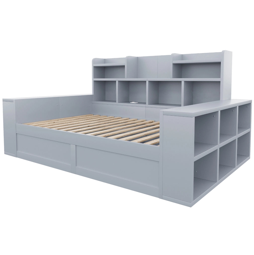 Divano letto 90x200 cm con contenitore idraulico, LED e prese in compensato e MDF grigio