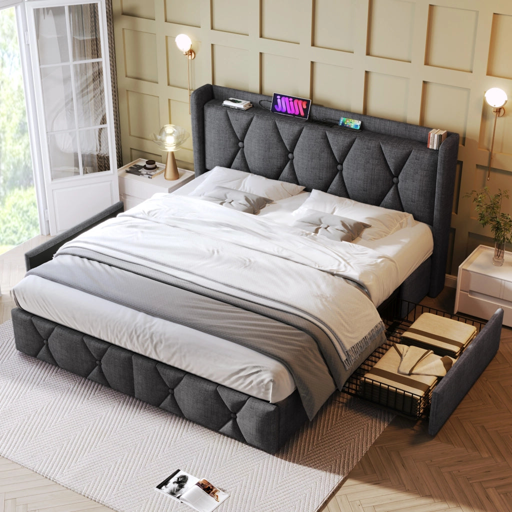 Letto contenitore grigio 160x200 cm con prese USB