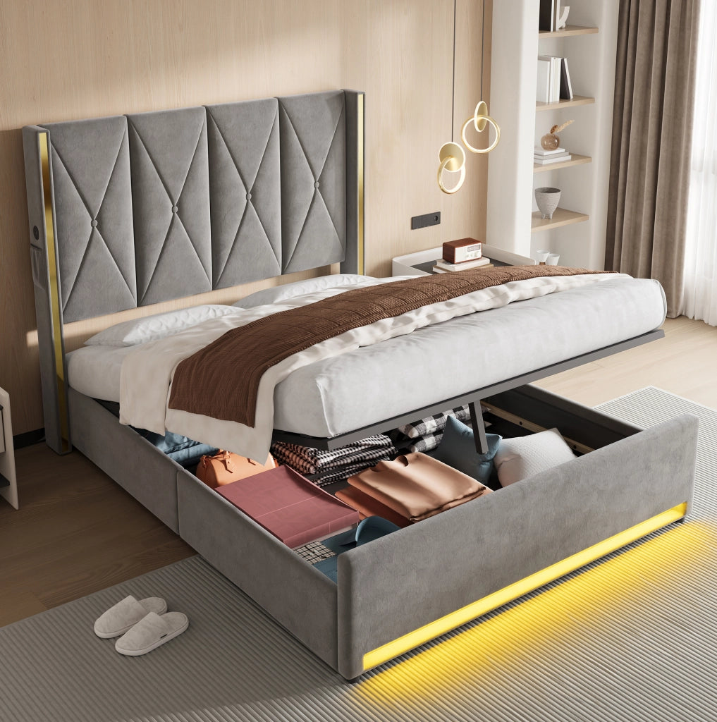 Letto matrimoniale contenitore 160x200 cm in velluto grigio scuro con testiera alta, LED, USB e Type-C