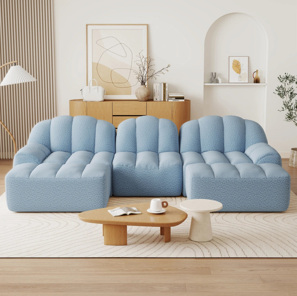 Divano modulare a U 288x165x79 cm in schiuma e tessuto blu