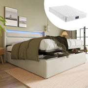 Letto imbottito contenitore 140x200 cm in PU bianco con LED