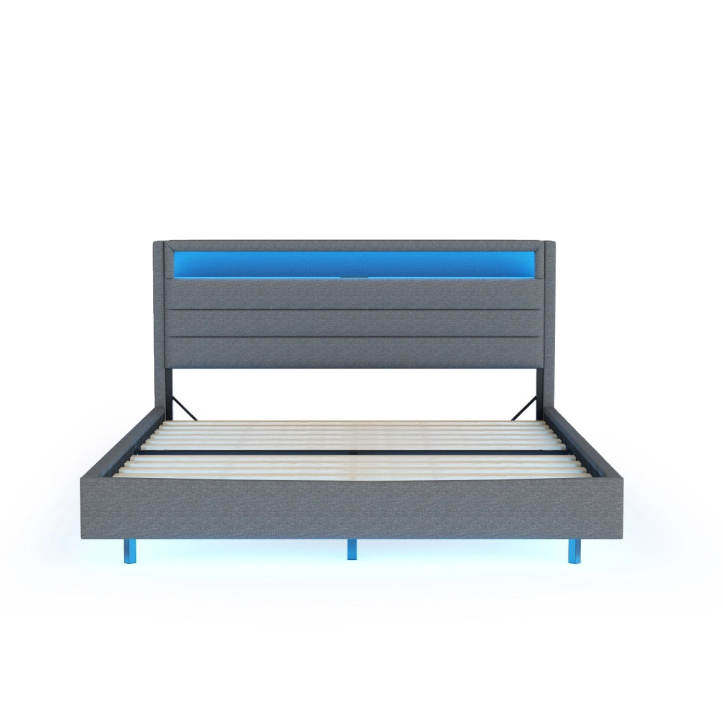 Letto imbottito 140x200 cm con LED, USB e testiera contenitore