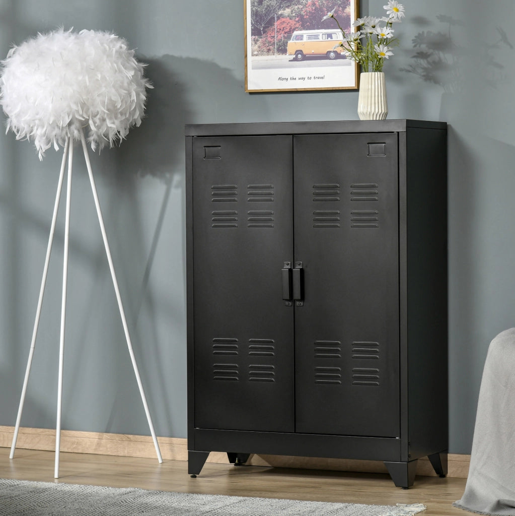 Armadio contenitore in metallo nero con ante a lamelle e 2 ripiani regolabili; 75x33x110 cm