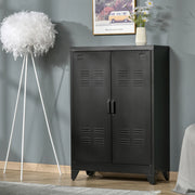 Armadio contenitore in metallo nero con ante a lamelle e 2 ripiani regolabili; 75x33x110 cm