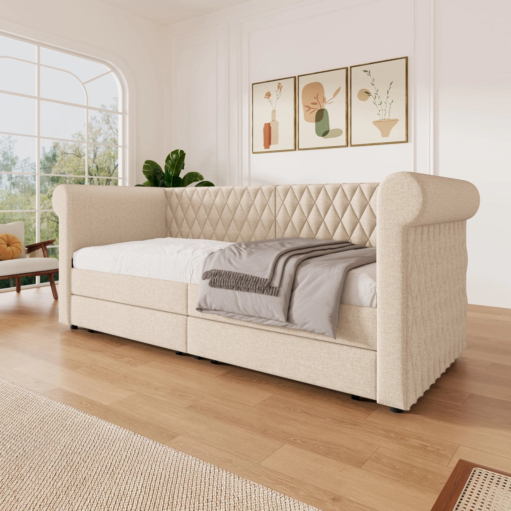 Divano letto imbottito in lino 90 x 200 cm - daybed con 2 cassetti contenitore, testiera vintage e rete a doghe - beige