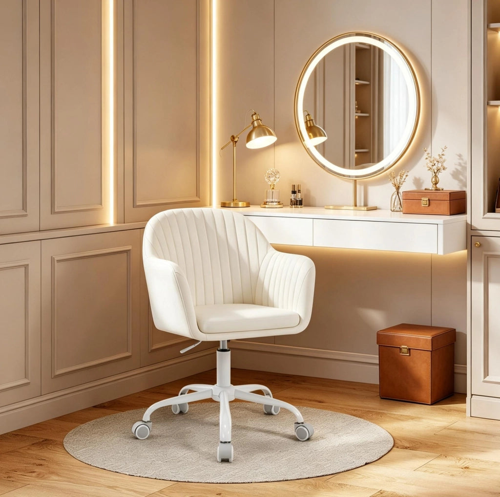 Sedia da ufficio ergonomica in velluto crema con ruote
