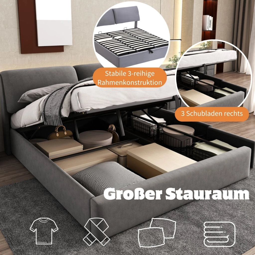Letto imbottito 180x200 cm con contenitore idraulico, 3 cassetti e testiera in velluto grigio, senza materasso