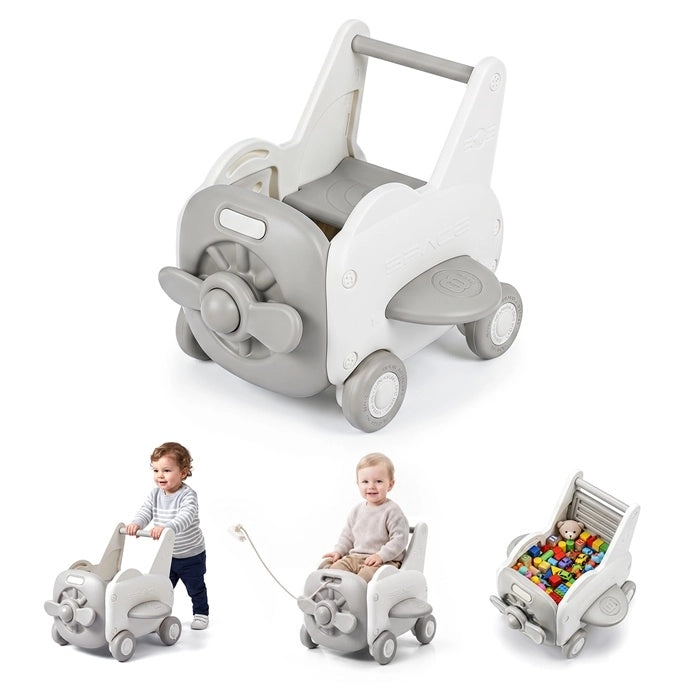 Girello primi passi bambini a forma di aereo con ruote sedile ribaltabile e spazio di archiviazione, Carrello a spinta per cameretta