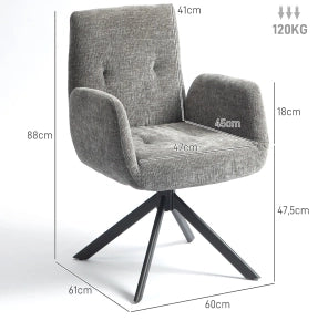 Poltrona girevole lounge con braccioli in tessuto effetto lana e lino, gambe in acciaio, colore grigio scuro, 60x61x88 cm