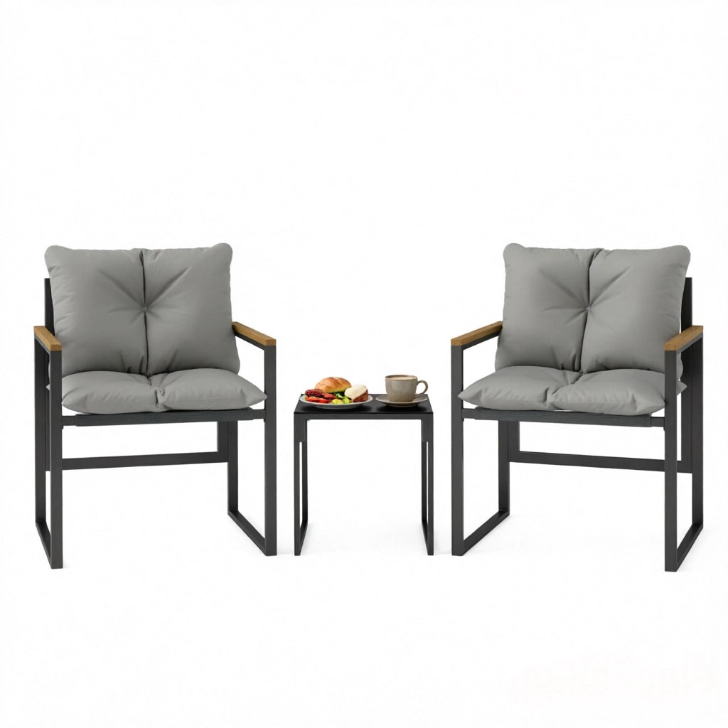 Set da giardino 2 posti con cuscini e tavolino in metallo nero e grigio