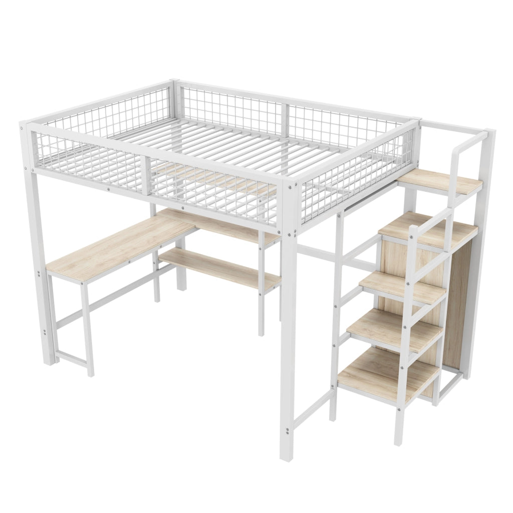 Letto a soppalco 140x200 cm per adulti con scrivania; ripiani e armadio integrato; metallo e MDF bianco