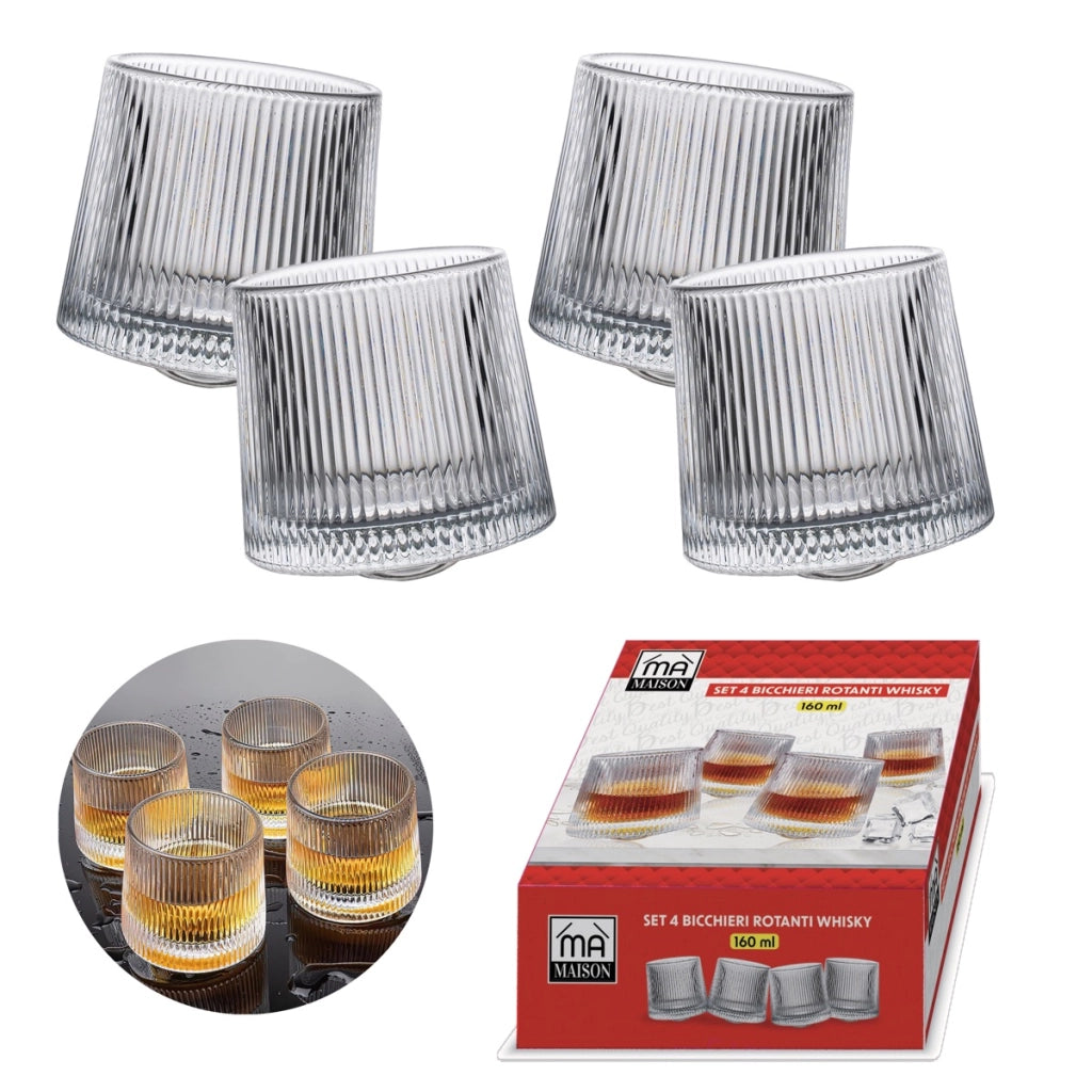 MA MAISON SET 4 BICCHIERI ROTANTI DA WHISKY IN VETRO A RIGHE 160 ML