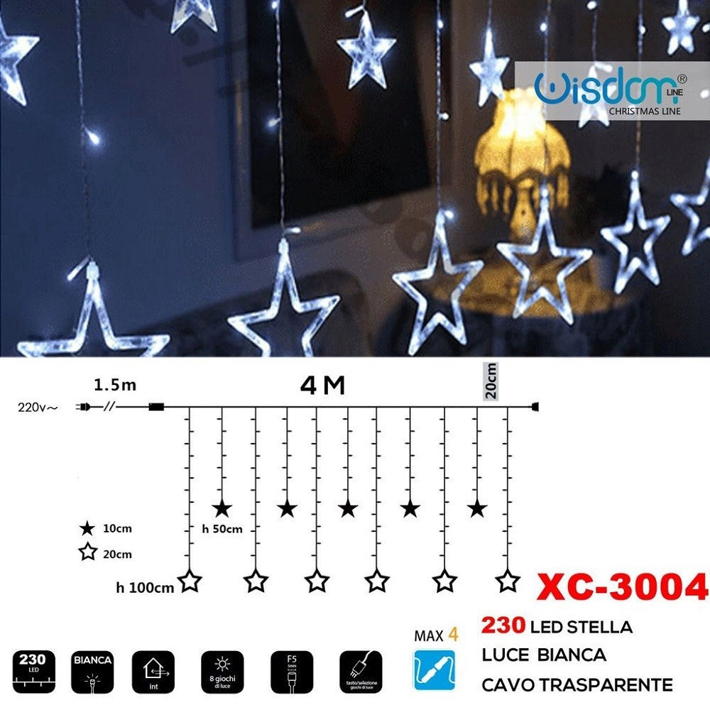 Trade Shop - Tenda Luminosa Natalizia 230 Led Con Stelle Luce Bianca Cavo Trasparente Xc-3004 -