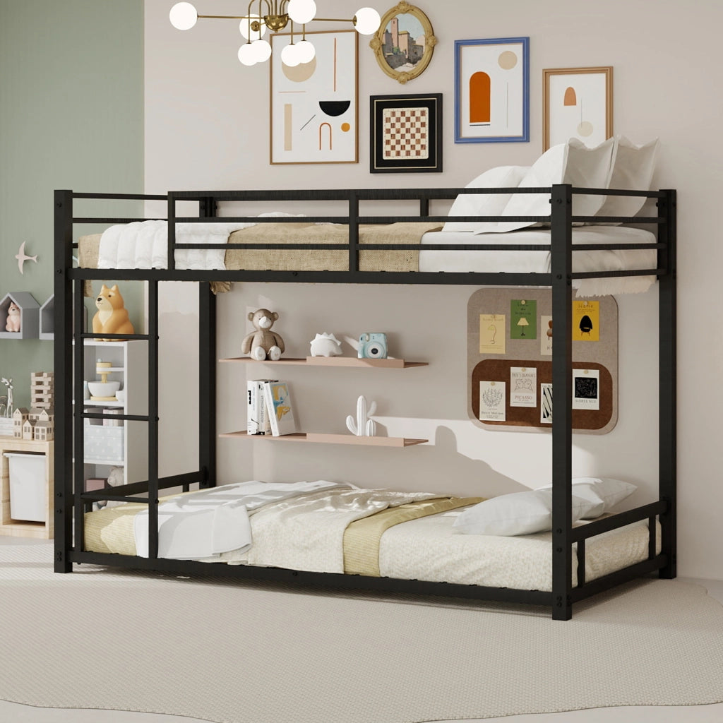 Letto a castello 2 posti 90 x 190 cm, struttura in metallo nero, scala 3 gradini e ringhiera, 200 kg per letto