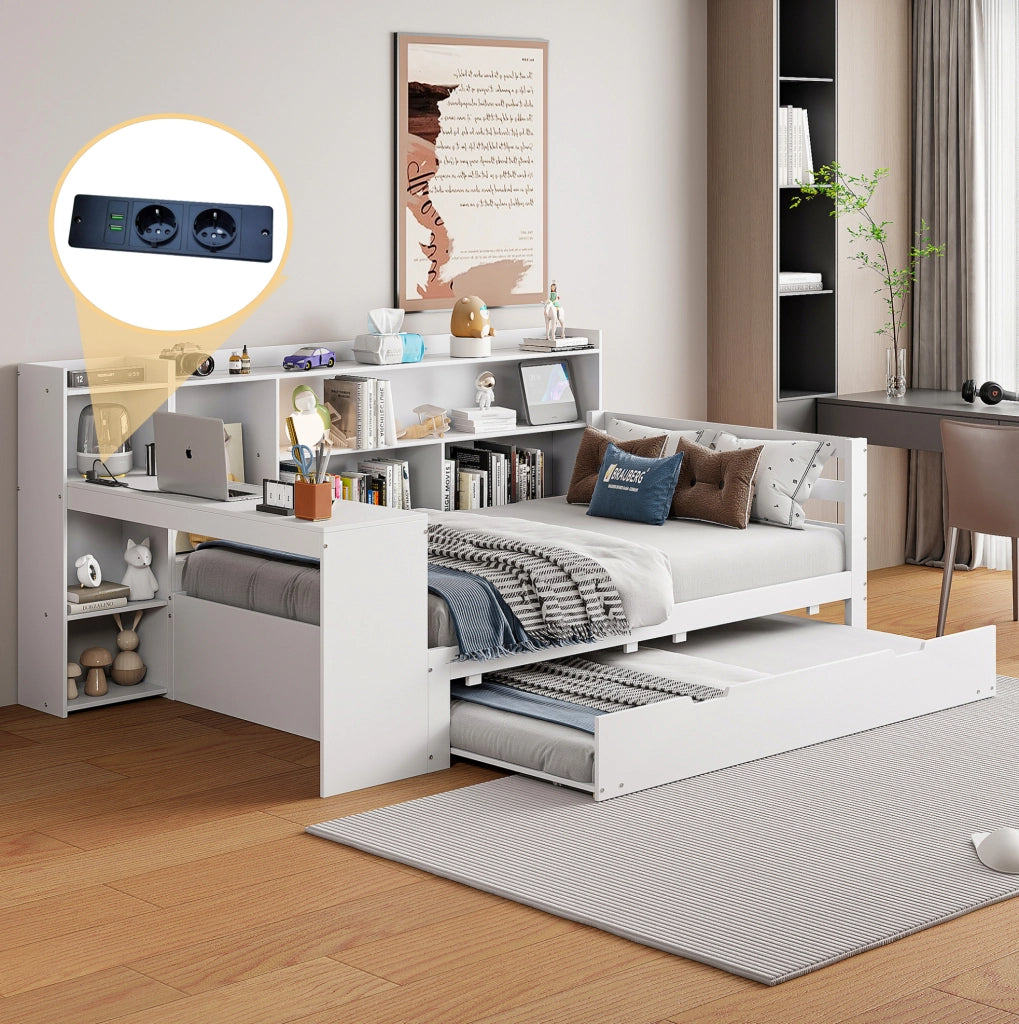 Letto multifunzionale 90x200 cm con letto estraibile; scrivania e scaffali; bianco