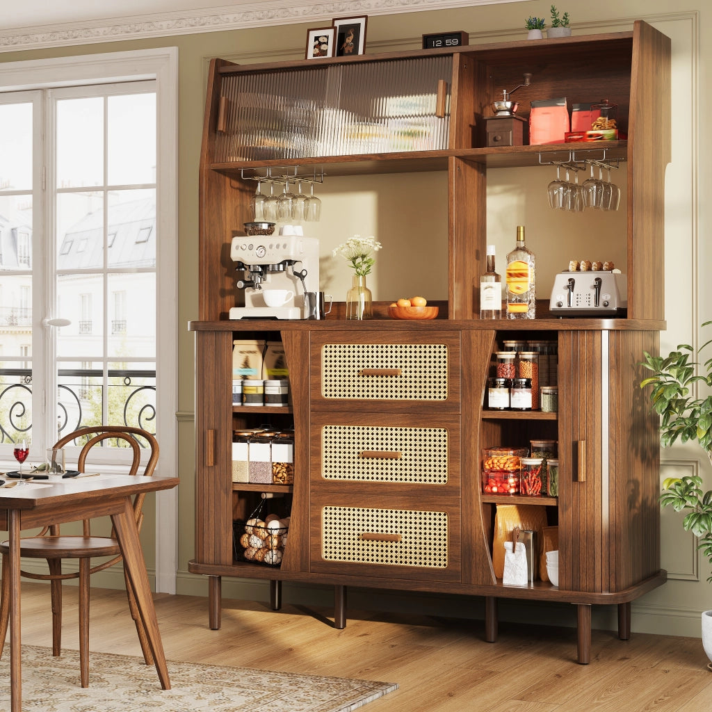 Credenza con ante scorrevoli in vetro 3 cassetti e portabicchieri MDF noce 140 × 40.5 × 174.5 cm