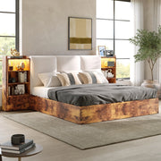 LETTO Contenitore 180x200 cm con Testiera Imbottita, 6 Vani e LED Marrone