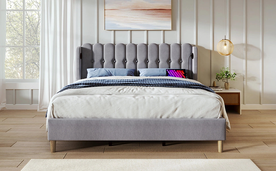 Letto matrimoniale imbottito grigio con funzione di ricarica USB Tipo C, struttura 180x200 cm in lino, con rete a doghe