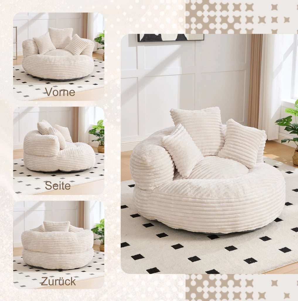 Poltrona sacco in velluto a coste con schienale alto e braccioli; beige; 108x108x52 cm