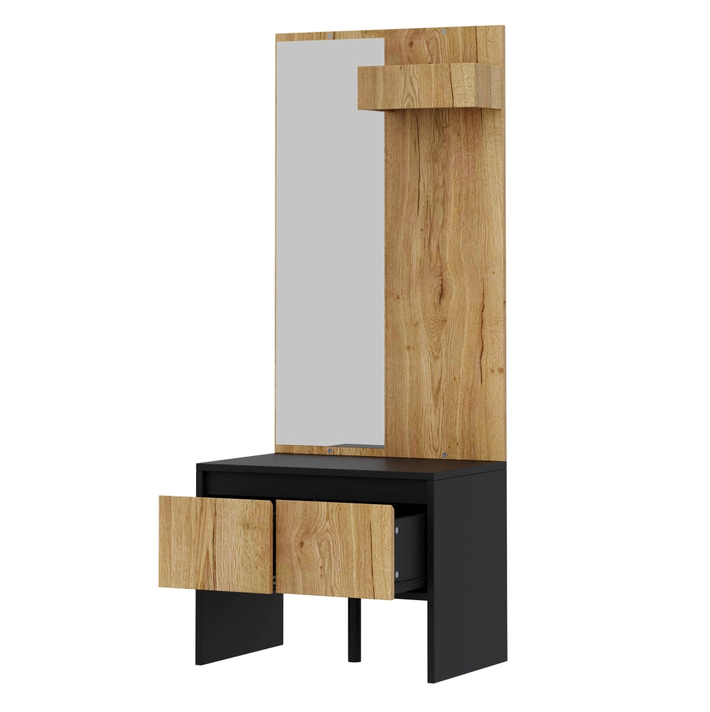Set appendiabiti 60x38x145 cm nero e naturale in truciolato, specchio e 2 cassetti