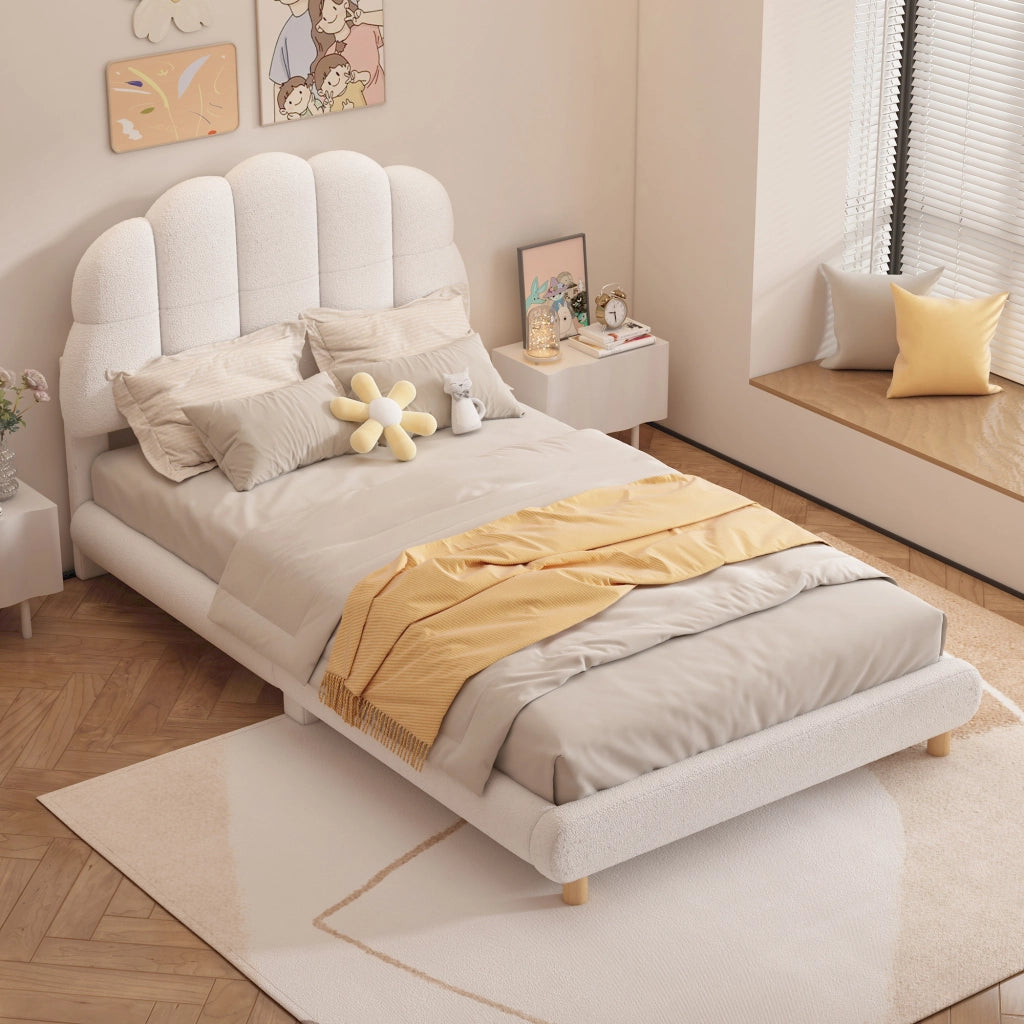 Letto singolo per bambini in peluche 90×200 cm con testiera a fiore, bianco, struttura in MDF con doghe, senza materasso