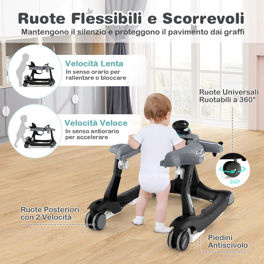 6 in 1 Girello per Bambini, Girello Pieghevole con Altezza Regolabile a 3 Livelli, Scatola Musicale Rimovibile, Vassoio per Alimenti, Portata 12 kg, per Bambini di 6-18 Mesi (Grigio)